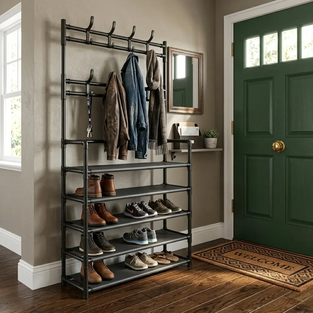 3-in-1 Freestanding Entryway Clothes Rack Hall Tree - 5-Tier Steel Metal Shoe Rack Organizer, 8 Coat Hooks, Adjustable Rectangle Stand, Home Supplies Storage Furniture for Apartments, Entryway Hall Tree