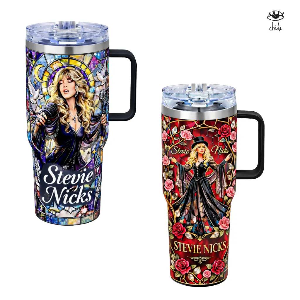 Stevie Nicks 40oz Tumbler with Handle & Lid – Vintage Rock Floral Aesthetic Travel  – Gift for Music Fans