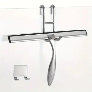 Stainless Steel Shower Wiper & Window Wiper with Ergonomic Handle, Seamless Silicone Film, Adhesive Bracket, Shower Door Hook