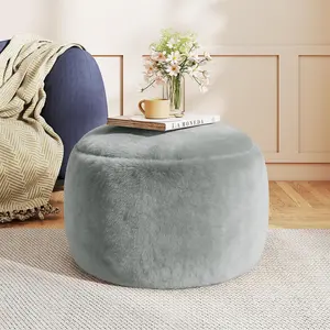 Round Stuffed Faux Fur Pouf Ottoman Foot Rest with Memory Foam Filling Soft Foot Stool for Couch Living Room Nursery Dorm Grey 20 Inch