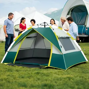 Automatic Instant Setup Camping Tent - 1-3/3-4 Person All-Season Tent With Dual Doors & Mesh Windows, Waterproof Windproof Lightweight Green/Yellow Tent For Camping, Hiking, Hunting, Travel, Outdoor Shelter, Campers Accessories