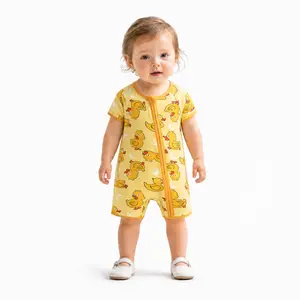 MOSSRIVER Baby Bamboo Romper - Zip Up Duck Print Short Sleeve Onesie