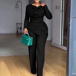 CHICME Cowl Neck Asymmetrical Patchwork Ruched Jumpsuit Wedding Guest Wedding Casual Cinched Waist Zipper Back Straight Leg Jumpsuit