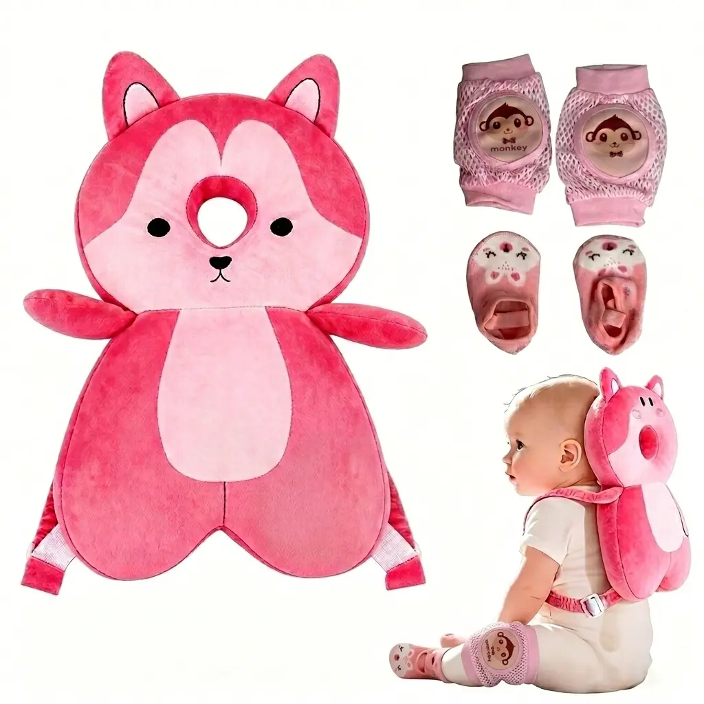 Cotton Imported Machine Washable Baby Head Protection Backpack Cushion Set, Soft Toddler Head Protector for Learning to Walk & Sit, Lightweight Breathable Anti-Fall Headrest, Adjustable Plush Straps, Knee Pads Socks
