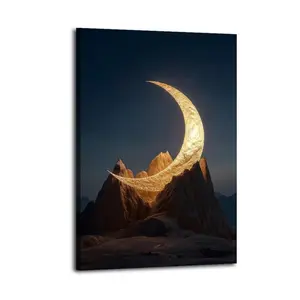 Golden Crescent Moon Over Mountains Artistic Wall Decor, Waterproof Canvas Poster, Cute And Vibrant Poster for Bathroom, Living Room, Bedroom, Dorm, A Perfect Gift Idea for New Year Home Decor