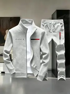 Men's Streetwear Tracksuit 2-Piece Set with PARIS Letter Print, Zip-Up Jacket and Jogger Pants tiktokshopspringglowup