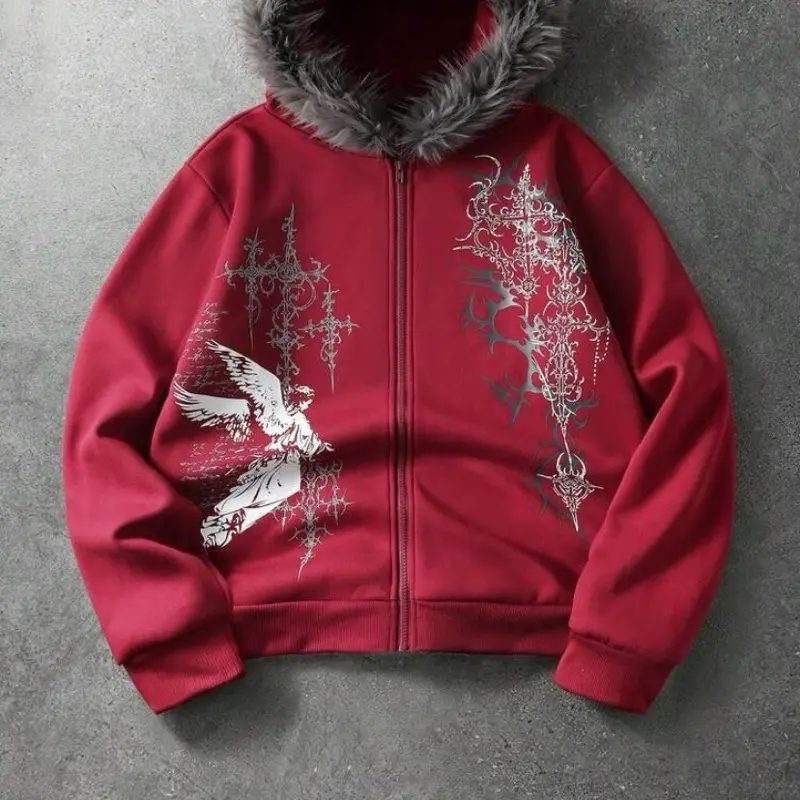 Men's/Women's Red Cotton Hoodie with Faux Fur Lining, Comfortable Casual Pullover