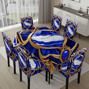 5/7-piece 2D Flat Printing Blue White Gold Geometric Pattern Printing Pattern Tablecloth and Chair Covers for Dining Chairs Set, for dining table and chair decoration, perfect for home, holiday gatherings, restaurants, and parties, Chair Covers Set
