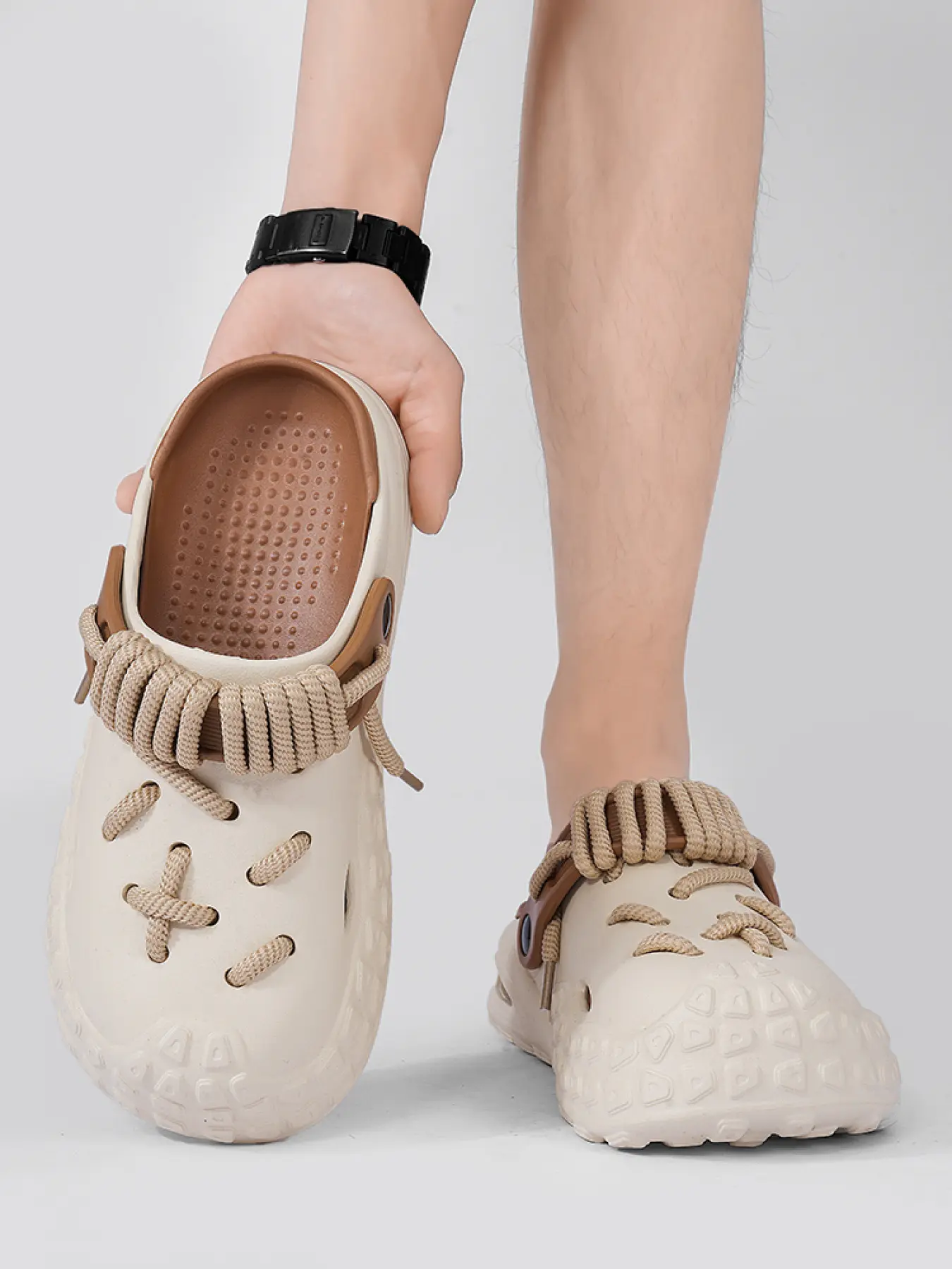 Unisex Beige-Brown Lace-Up Sporty Breathable Lightweight Clogs: Toe-Cap Anti-Slip, Dual-Wear Sandals Beach Shoes