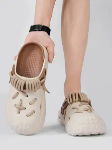 Unisex Beige-Brown Lace-Up Clogs: Toe-Cap Anti-Slip, Dual-Wear Sandals Beach Shoes