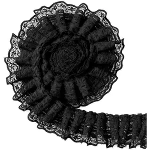 5 Yards Double Layer Ruffle Trim 1.97 in Width Black Lace Ribbon Vintage Lace Fabric Embroidered for Sewing Clothes Dresses Craft Bag Gift Package Wedding Decoration