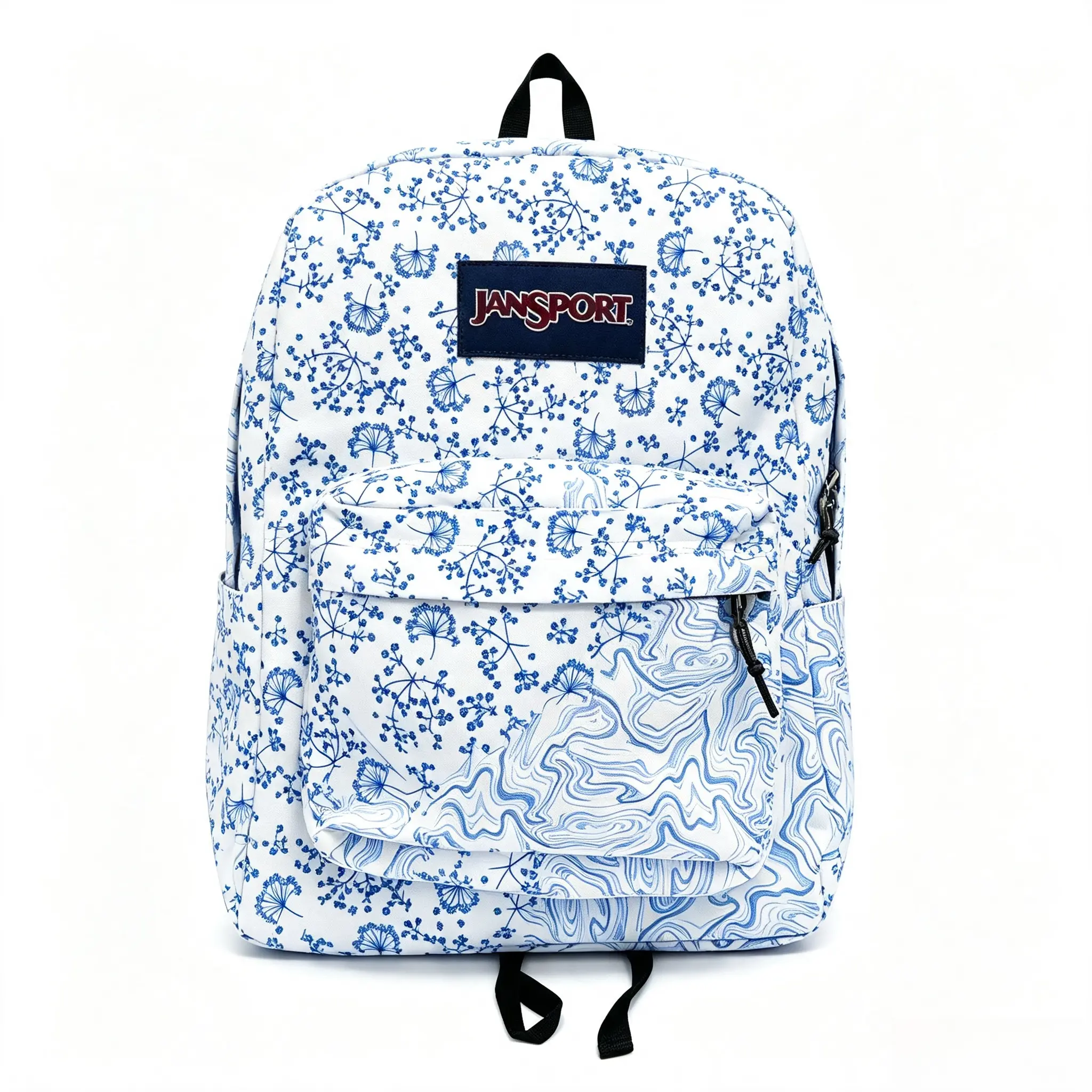 Jansport Blue & White Floral Swirl Print Aesthetic Backpack, Large-Capacity Lightweight Waterproof Bag for College Students, Women’s Casual Travel School Bookbag