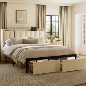 Upholstered Queen Bed with 2 Drawers and Open Storage Headboard，Platform Bed with Charging Station, No Spring Boxing Needed, Beige
