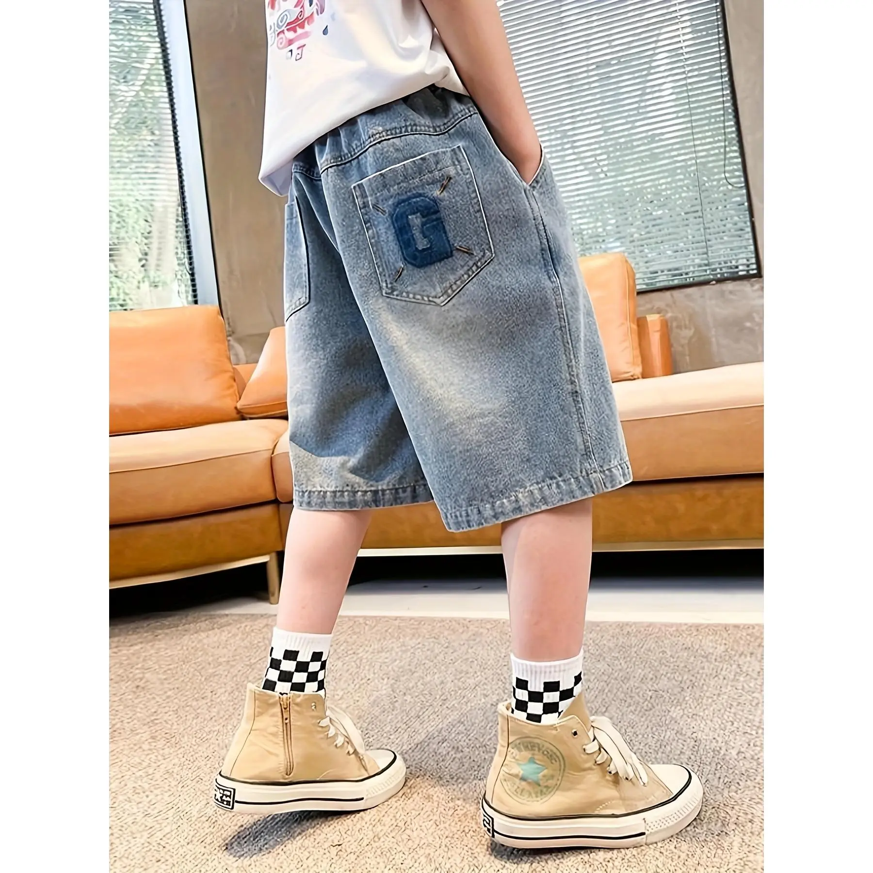 Boys' Casual Cotton Blend Denim Look Bottom, NewWJ79 Letter G Denim Shorts with Hand Wash Care, Pocketed Shorts, Regular Cut, Polyester, 35% Cotton, 65% Polyester