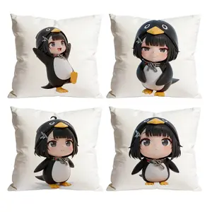 Set of 4 GUGUGAGA Penguin Girl Throw Pillow Covers | Cute Chibi Character Decor for Room Bedroom Chair Car Sofa Couch 0327YC
