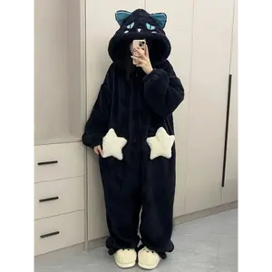 Cozy Black Cat Plush Hooded Onesie Pajamas for Women - Cute Cartoon Design with White Stars, Fuzzy Long Sleeves, Warm & Soft Polyester Loungewear for Fall/Winter
