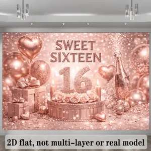 2D Fantasy 16th Birthday Themed Backdrop, Featuring a Design That Combines Rose Golden "16" Numerals, Sparkling "Sweet Sixteen" Artistic Lettering, a Two-tiered Cake, Rose Bushes, Champagne Flutes, Champagne Bottles, Balloons, and Ribbons.