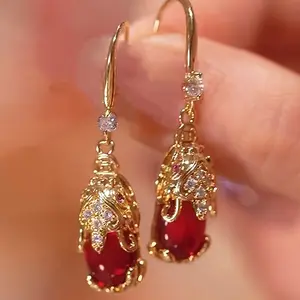 [Luxurious Pixiu Earrings] Golden-Tone Copper Pixiu Earrings | Chinese-Inspired with Red Teardrop Gemstone & Rhinestone Accents | Luxurious Vintage Design for Women | Ideal for Daily Wear & Valentine's Day Gift earring stack earrings for women