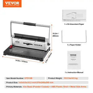 VEVOR Coil Spiral Binding Machine, Manual Book Maker 34-Holes Binding 120 Sheets, Punch Binder with Adjustable 3/16 - 9/16 Coil Binding Spines and Side Margin, for Letter Size, A4, A5