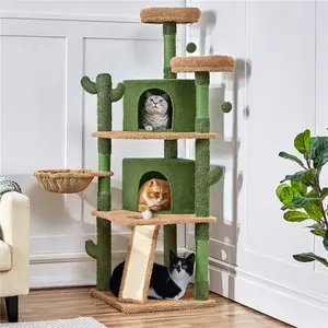 Yaheetech Cactus Cat Tree, 66in Cat Tower for Indoor Cats, Multi-Level Cat Tree with Large Condos & Ramp, Pet Play House with Padded Perch, Platforms, Basket & Hanging Ball, Green/Brown
