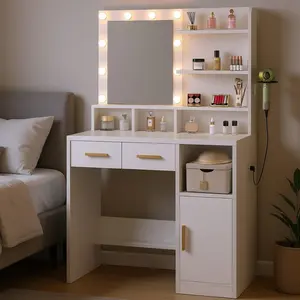 Modern White Vanity with Lights - 3-Color LED Lights, 2 Drawers, Open Storage Shelves, Glass Makeup Vanity, Easy-to-Assemble Indoor Bedroom Furniture, Makeup Vanity Glass