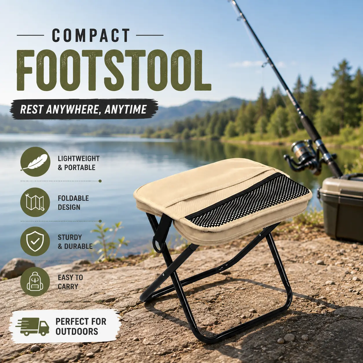 Portable Fishing Stool Canvas Foldable Seat, Collapsible Outdoor Small Stool with Side Mesh Pocket, Lightweight Fold Chair for Beach, BBQ, Hiking, Painting & Daily Outdoor Activities