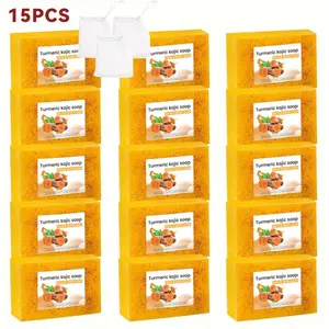 Turmeric Lemon Soap Bar, Turmeric Cleansing Soaps, 15pcs/Set Natural Handmade Soap Bar, Moisturizing Gentle Cleansing Soap Body Wash for All Skin Types, Ldeal Gift for Women & Men（3 Foaming Nets Included）