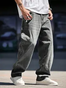 Men's Smoke Gray Wide-leg Jeans – Exuding A Full Sense Of Laid-back Ease. Vintage Trendy Street-style Icons Are Rocking, These Jeans Flatter All Body Types, Men's Daily Casual Wear.