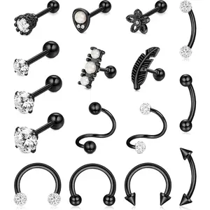 Unisex 16-Piece 18G Non-Tarnish Stainless Steel Black Shining Body Jewelry Set - Non Tarnish Jewelry with Sparkling Cubic Zirconia Studs for Forward Helix, Tragus, Conch, Rook, Cartilage Earrings, Septum