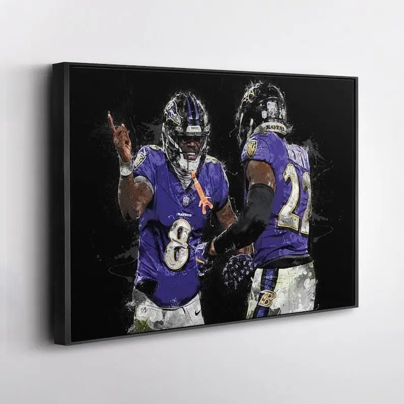 Lamar Jackson & Derrick Henry Poster - Baltimore Ravens Football Wall Art, Power Duo Fan Decor, Watercolor Style Print [UNFRAMED - PRINT ONLY]