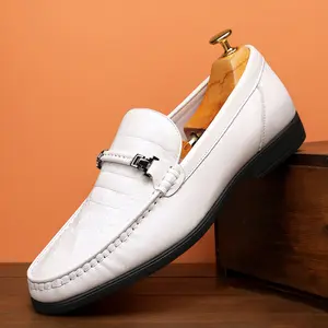 Men's white crocodile-embossed horsebit loafers with non-slip rubber sole, comfortable slip-on formal shoes, men's business wedding shoes58378