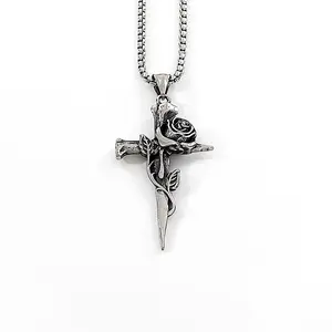 Titanium Steel Necklace Chinese Style Hip-Hop Cross Rose Pendant Retro Personality Couple Fashion Niche Trendy Accessories