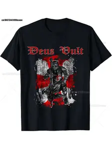Templar Knight T-shirt, Deus Vult Vault Knight Templar Cross T-shirt, Street Fashion Comfortable Unisex Short-sleeved Casual Top