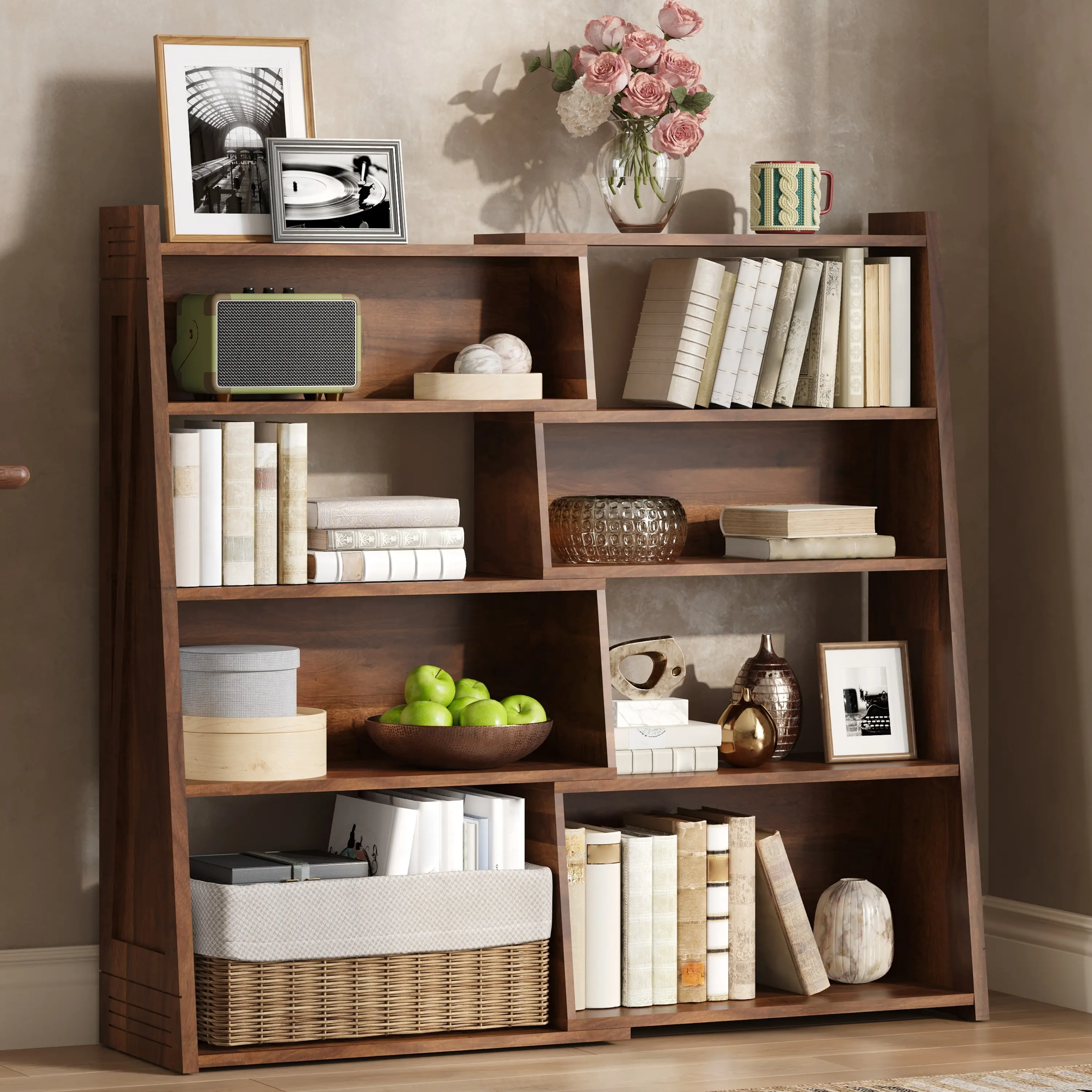 Spaco Wooden Expandable Bookcase – 4-Tier L-Shaped 2-Piece Bookshelf Expands to 47", Adjustable Corner Storage Rack for Small Spaces & Living Room