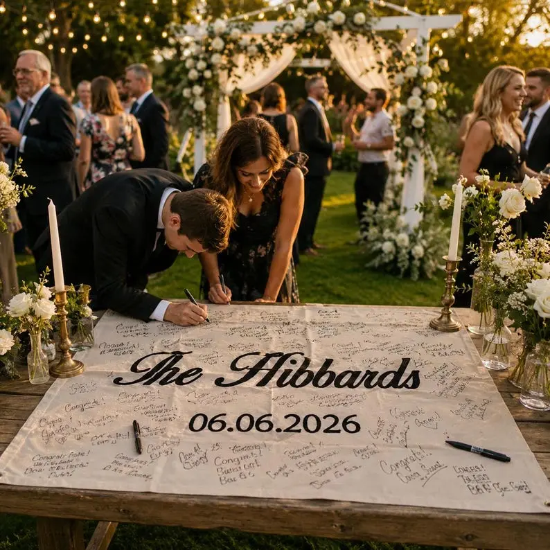 Hand-Stitched Embroidered Wedding Guest Book Canvas Banner, Personalized Last Name Sign