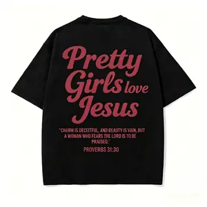 Pretty Girls Love Jesus Vintage Graphic Tee Women's Oversized Streetwear Short Sleeve Crewneck Cotton Shirt For Church Sunday Worship Casual Outfit