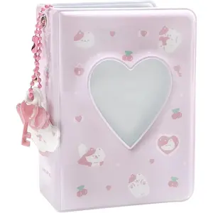 3 Inch Mini Photo Album, Heart Hollow Card Binder Photo Card Holder with Pendant 40 Pockets (pink white cat)