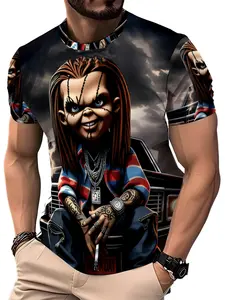Men's Summer Casual Short Sleeve Chucky Horror Doll Tattoo Print Graphic T-Shirt