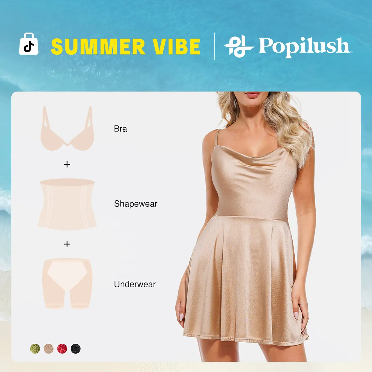 Popilush Satin Slimming Mini Cocktail Dress | Built - in Bra Square Neck Tummy Control Formal Wear Women