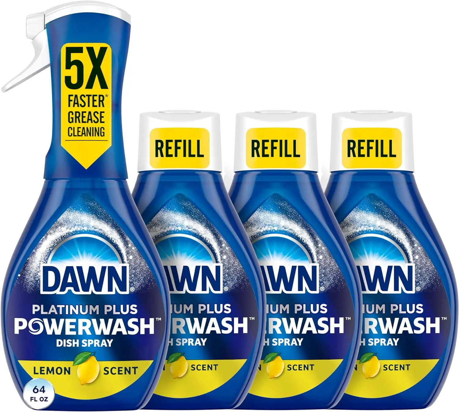 Household Cleaning Powerwash Dish Soap Spray with 3 Dishwashing Liquid Refills (Lemon Scent), 4x16oz - Reusable Sprayer, Instantly Breaks Down 99% Residue, No Water Needed, Fast Overnight Soak Power, Pack, Kitchens