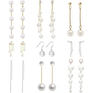 9 Pairs Big Simulated Pearl Long Tassel Drop Earrings for Women Double Sided Front Back Pearl Earrings Cross Imitation Pearl Dangle Earrings Tahitianpearl
