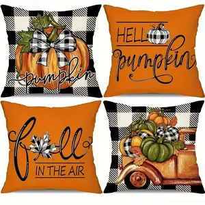 4pcs Fall Pillow Covers Pumpkin Truck & Buffalo Plaid Design, for Thanksgiving Farmhouse Decor, Single-sided printing, no pillow core, Seasonal