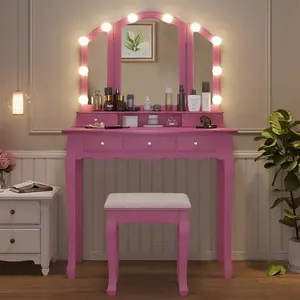 Sikaic Makeup Vanity Set with LED Mirror Cushioned Stool Modern Makeup Vanity with Trifold Mirror, 3 Drawers, Open Shelves and 2 Small Drawers, Lighted Vanity Desk, Led Vanity Table