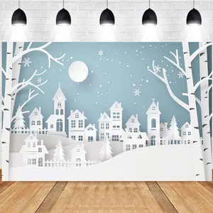 Photography Background Winter Paper-cut Style Town Scene Snow Houses Birthday Party Photo Studio Backdrop