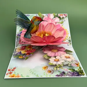 3D Pop Up Birthday Card, 1 Count Creative Flower & Hummingbird Design Greeting Card with Envelope, Birthday Gift for Friends & Family