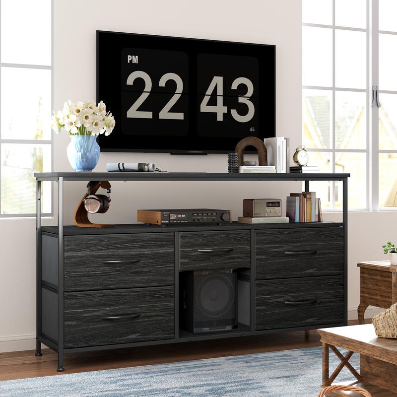 【Storage TV Stands】Raybee 30'' H Dresser with 5 Drawers,Old School & Chill Vibe TV Stands with Cabinets for Living Room with LED & Charge Station(2 USB Ports & 2 Power Outlets), Match 50 Inches TV,Combining Aesthetics with Practicality