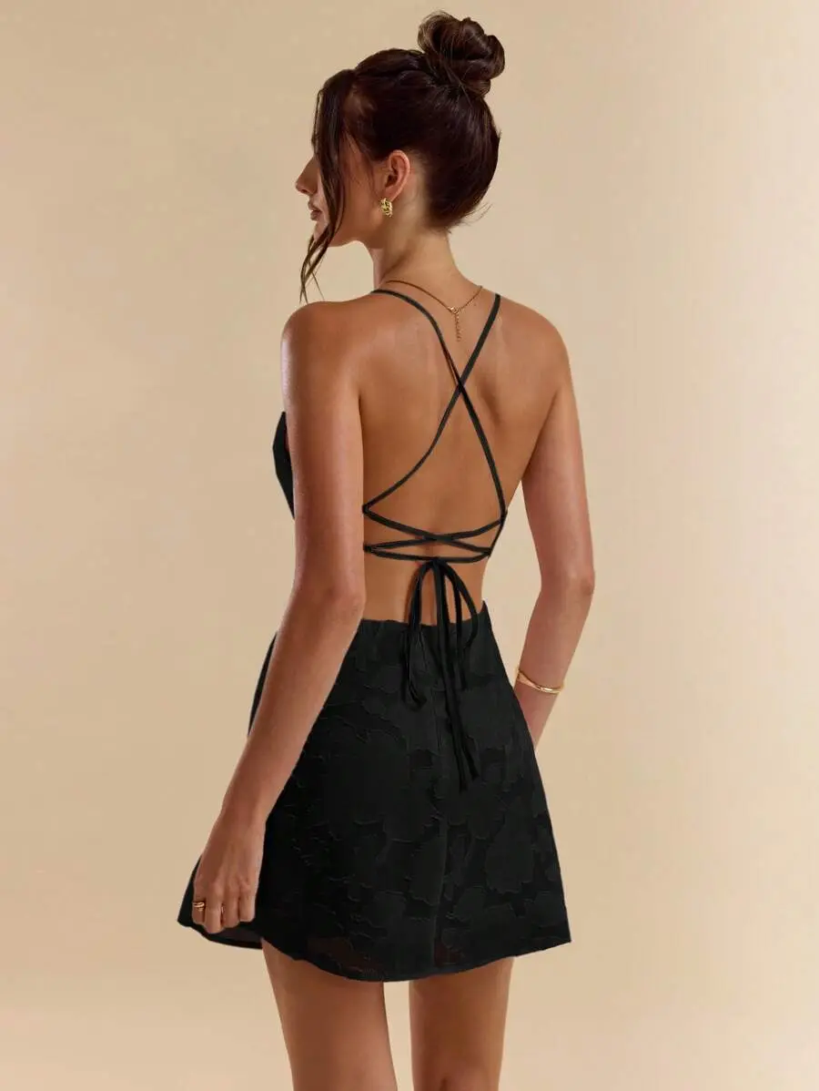 Plain Color Slim Fit Backless Bowknot Mini Dress, Texture Flare Hem, Pink, Spring/Summer,Valentine's Day,Valentine Outfits For Women