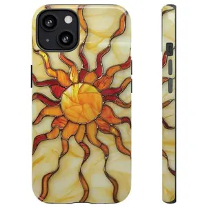 Yellow Gold Sun Stained Glass Printed Tough Phone Case for iPhone 11-16. A Celestial Stars Print with a Fashion Trendy, High Quality Design. The case provides a stylish Protective covering for your device.