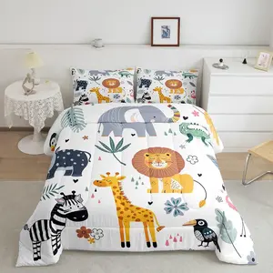 Breathable Soft Blanket Zoo Animal Duvet Set - Cute Wildlife Print Bedding, Cartoon Safari Exotic Natural Theme Bedroom Decor