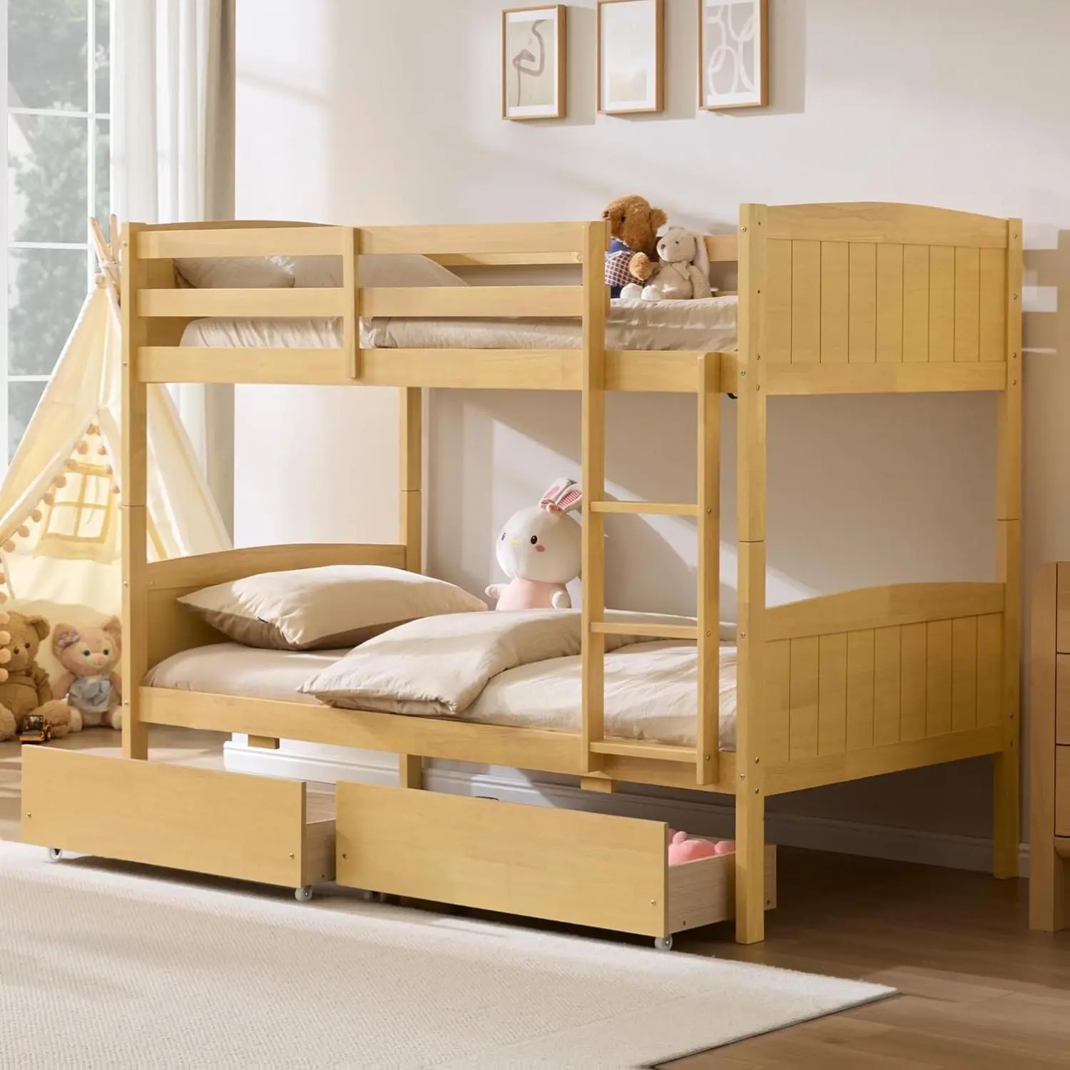 【Ships in 2 Boxes】[SummerSale] AMERLIFE Twin Over Twin Bunk Bed with Storage Drawers, Solid Rubberwood 2-in-1 Convertible Loft Beds with Ladders, Modern Detachable Bed Frame for Kids and Teens Bedroom